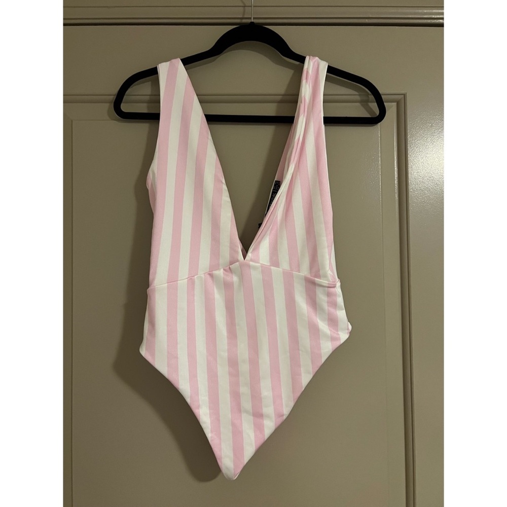 Nasty Gal Striped Pink and White Plunge Swimsuit Size 6